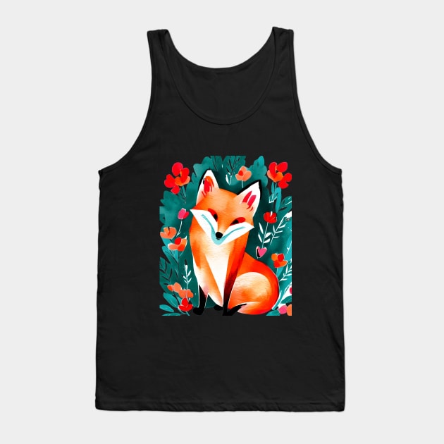 Cute Fox and Floral Watercolor, Cute Tank Top by FlitStudio